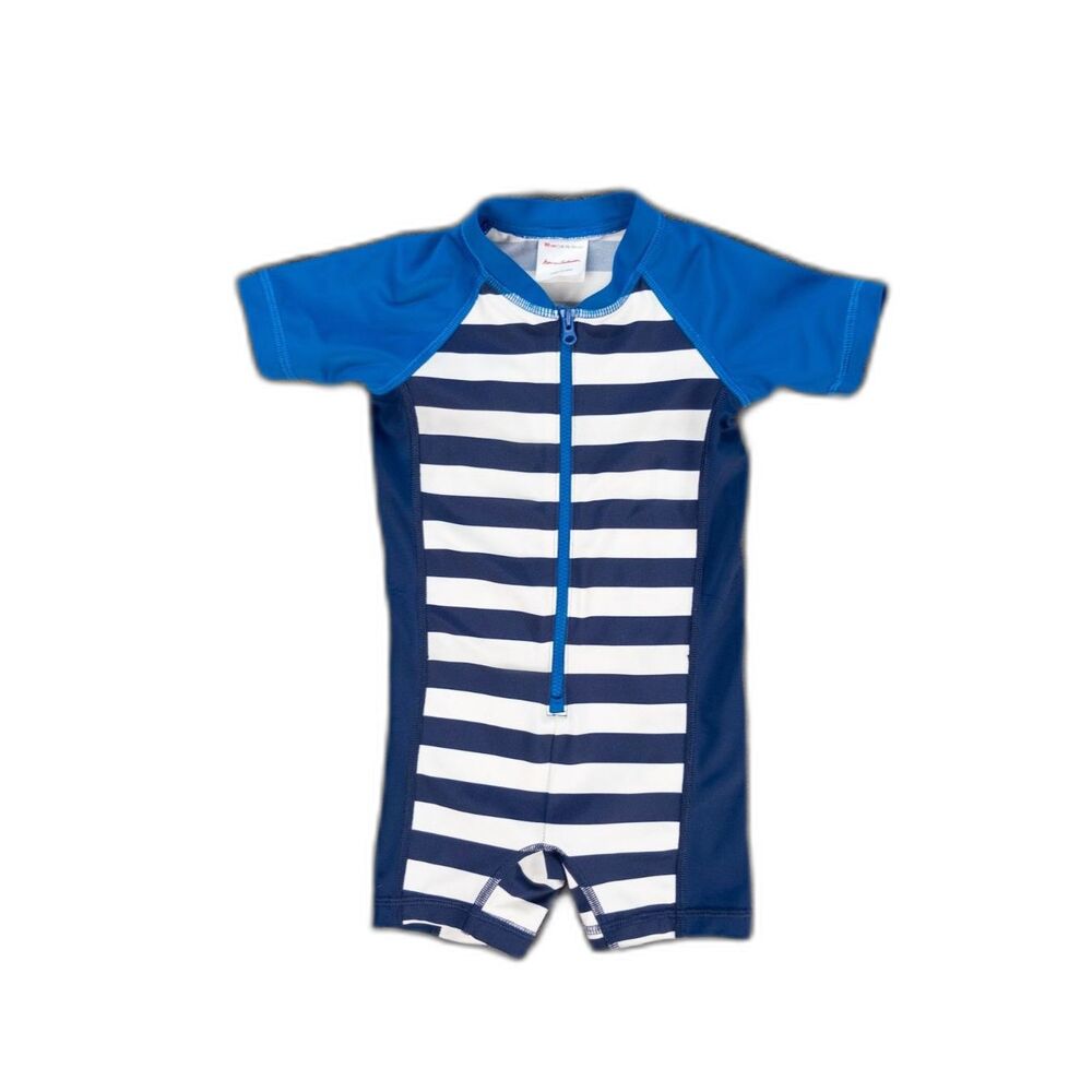 Hanna Andersson Boys Rash Guard Swimsuit 18-24m Blue White Stripe Zip Front